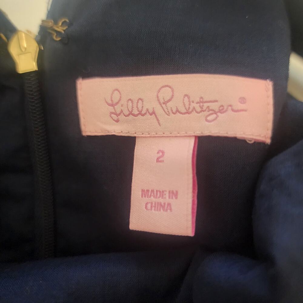 Lily Pulitzer Esme Dress Womens 2 100% Cotton True Navy Fun Flirty Metalic Trim - Picture 7 of 9
